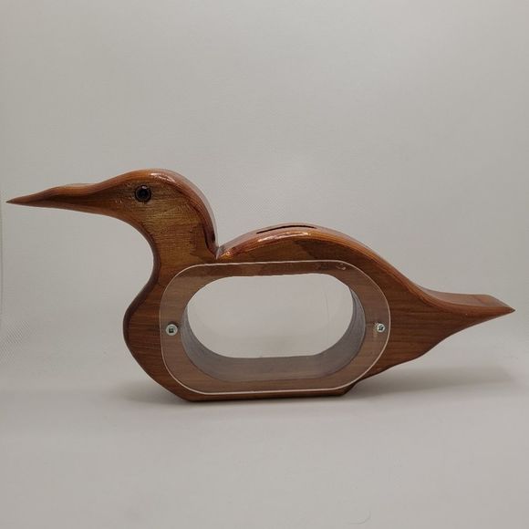 Wooden Carved Loon Coin Bank  Vintage Handmade w/ Acrylic Windows - Picture 2 of 9